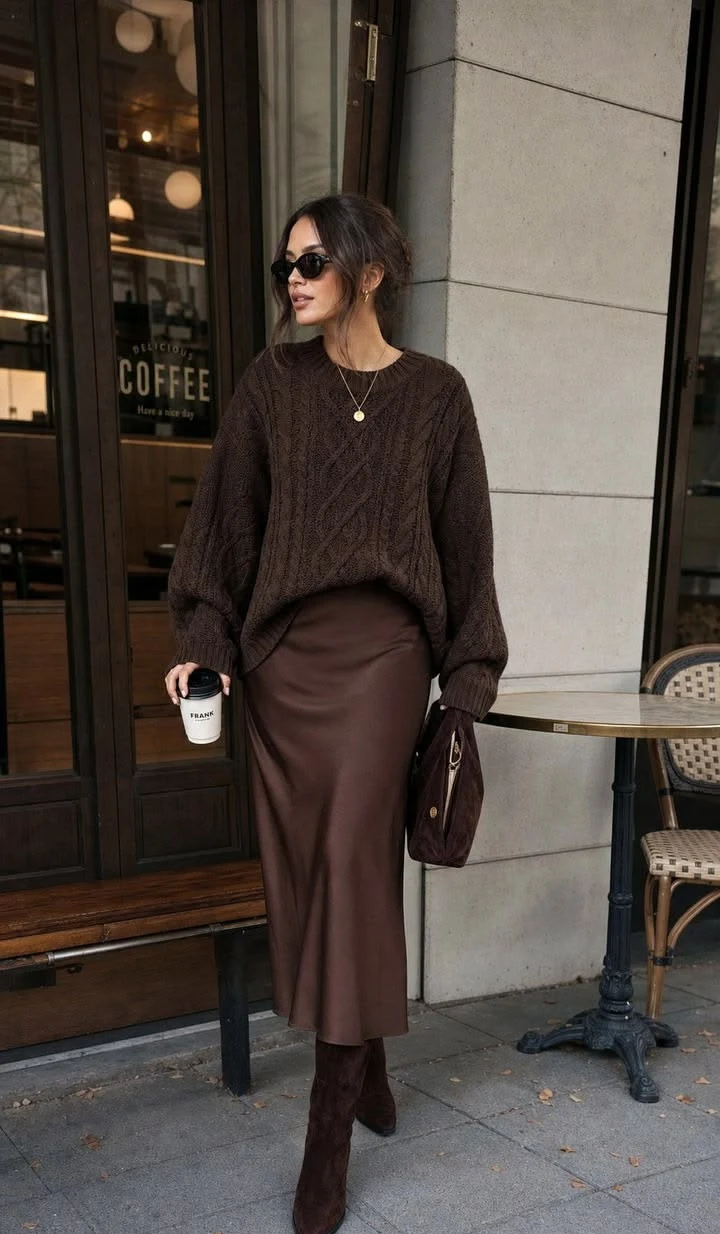 Woman in a chocolate brown cable knit sweater with a satin midi skirt and boots outside a cafe