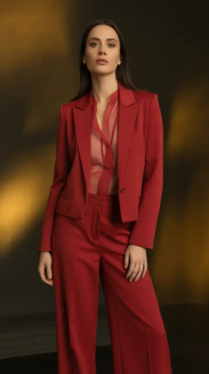 Club outfit for women over 40: red tailored suit with sheer blouse