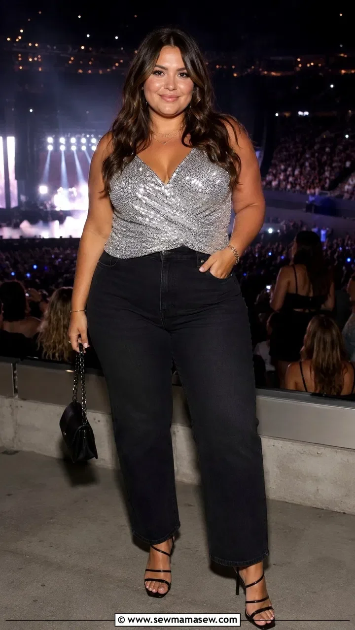 plus size concert outfit: silver sequin camisole top with black jeans