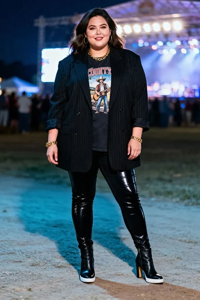 plus size concert outfit: pinstripe blazer over country graphic tee with vinyl pants