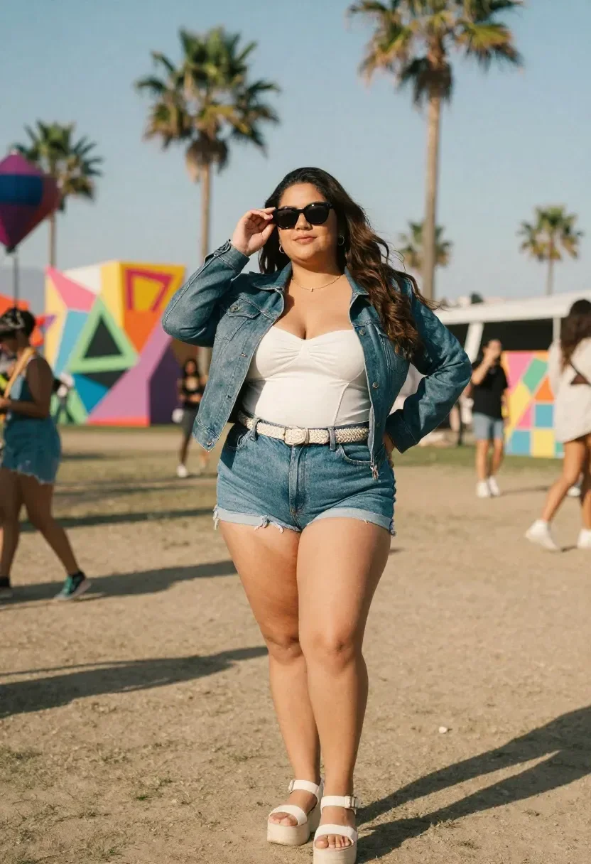 plus size festival outfit: white bodysuit with denim shorts and denim jacket