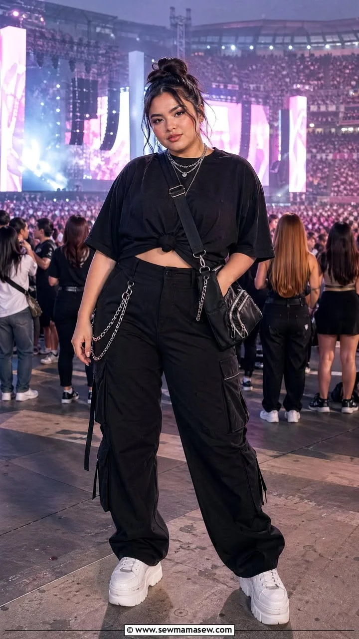 plus size rave outfit: black knotted tee with cargo pants and chain belt
