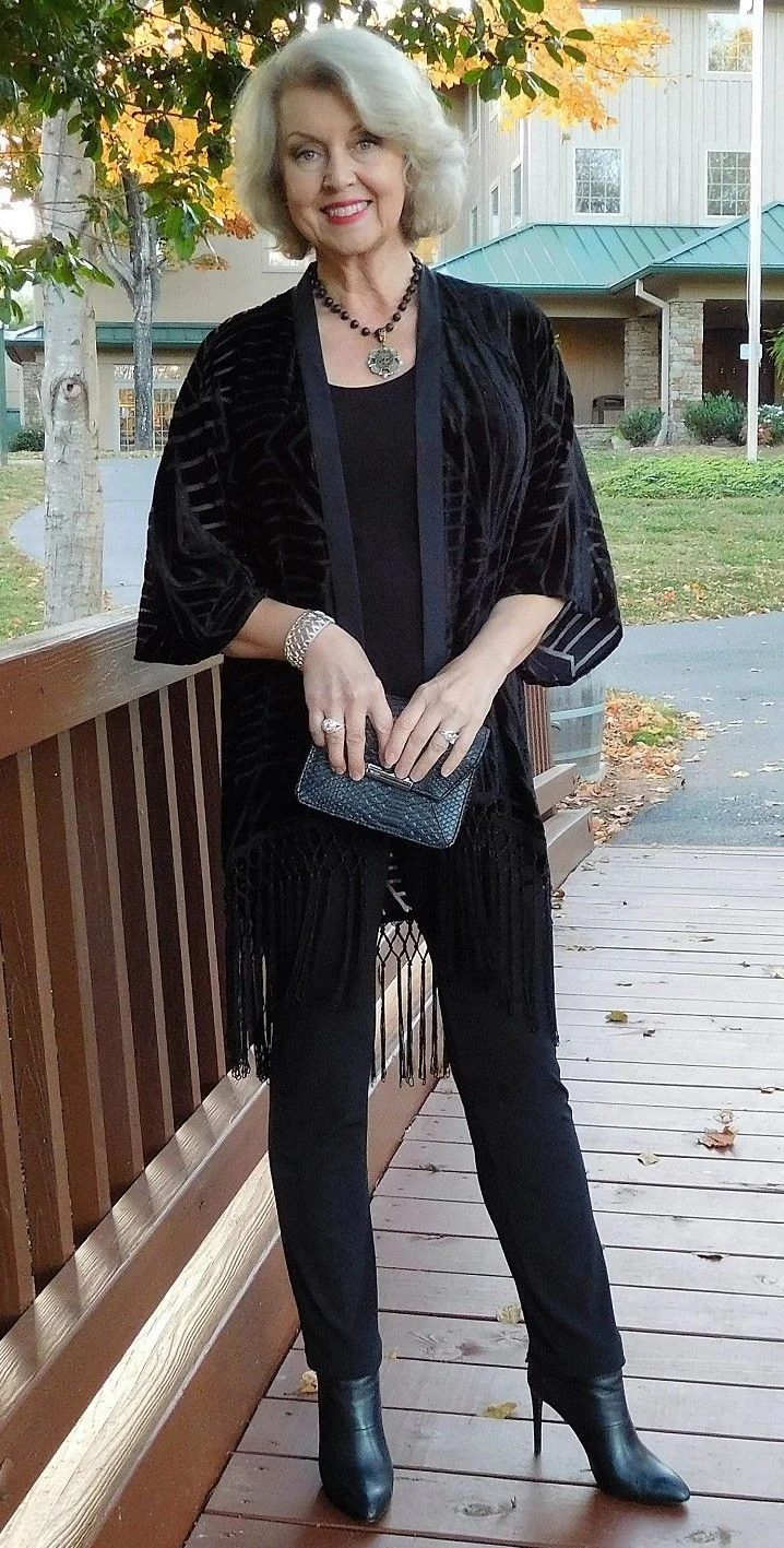 Black lace top with black pants dinner outfit