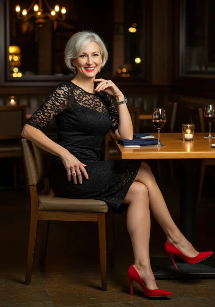 Black lace dress with red heels at restaurant