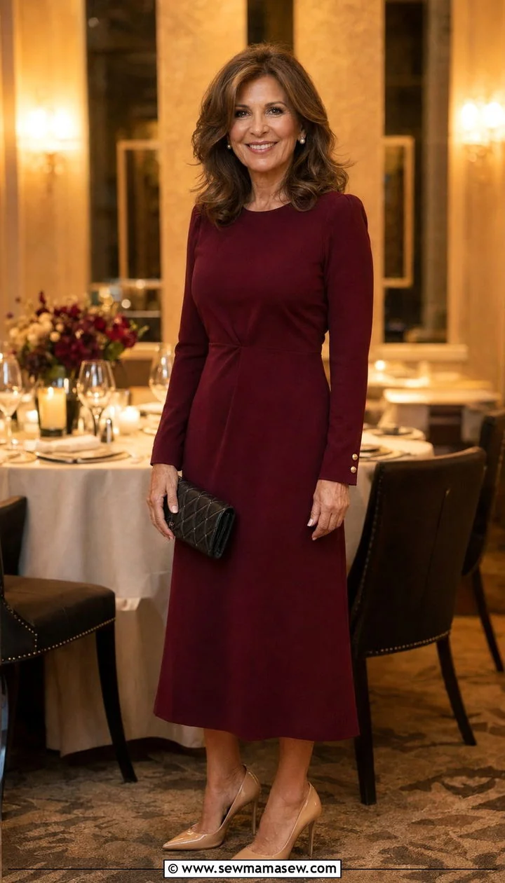 Burgundy long sleeve dress at restaurant