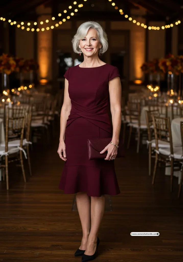 Burgundy shift dress dinner outfit
