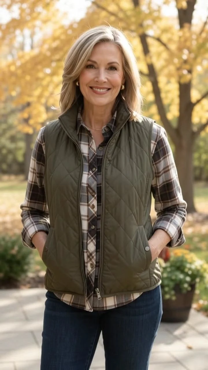 Quilted Vest Over a Plaid Shirt - cozy fall outfit for women over 60