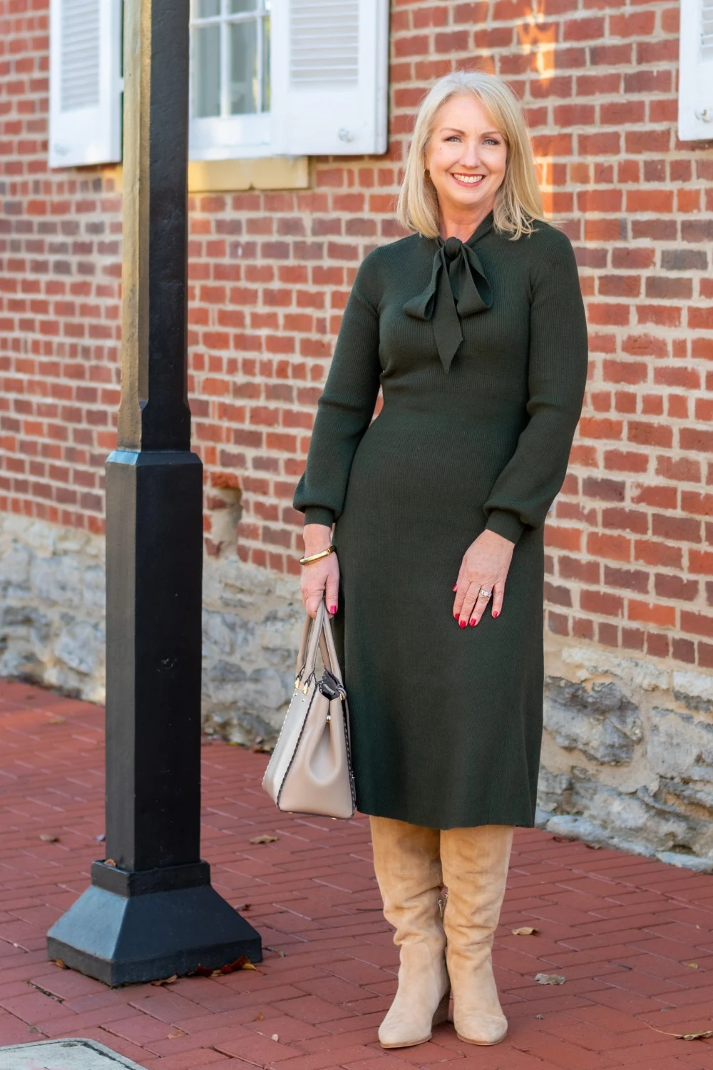 Forest Green Knit Dress With a Bow Neckline - cozy fall outfit for women over 60
