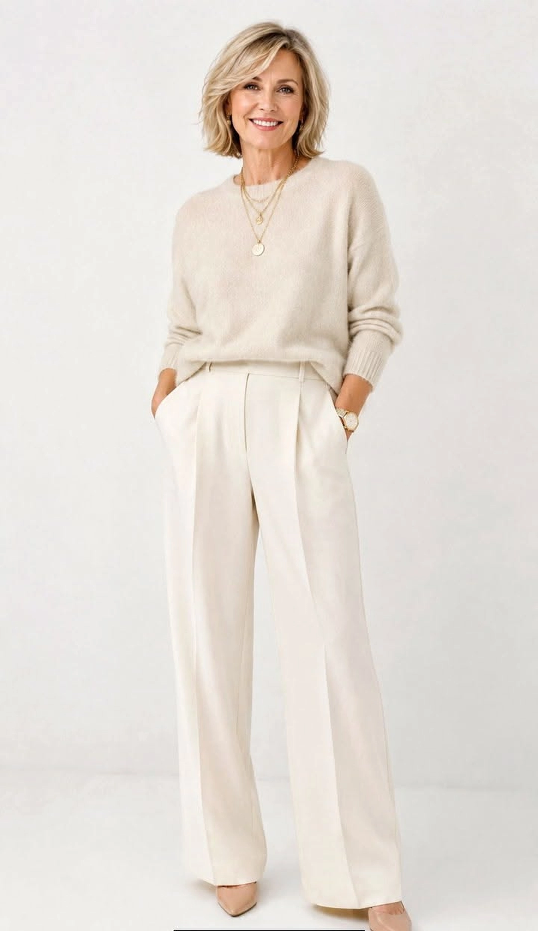 Cream Knit With Wide Leg Trousers - cozy fall outfit for women over 60