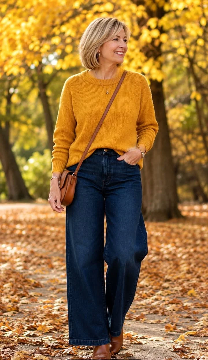 Mustard Knit With Dark Denim and Loafers - cozy fall outfit for women over 60