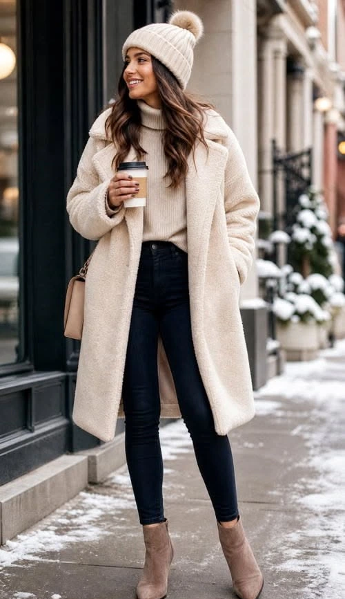 Cream Teddy Coat With Jeans and Ankle Boots - cozy fall outfit for women over 60