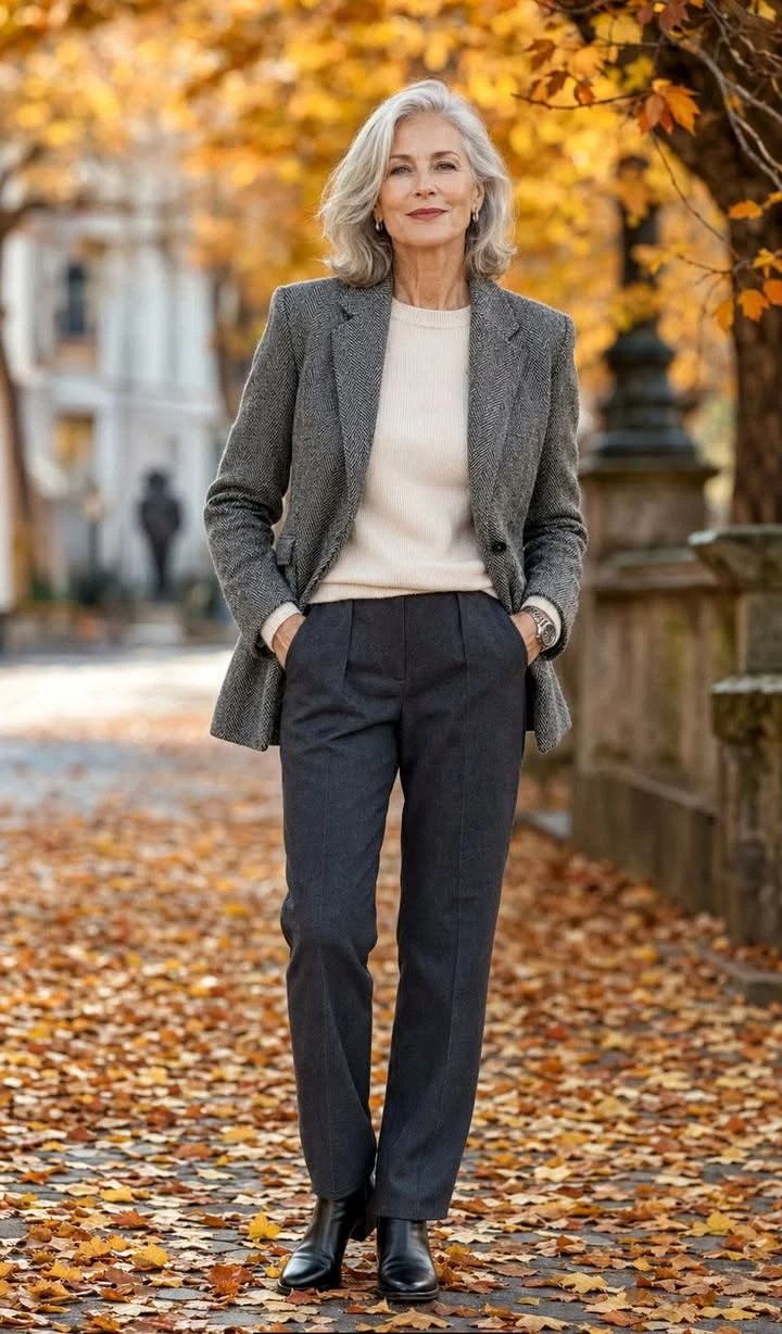 Grey Wool Blazer With a Soft Knit and Trousers - cozy fall outfit for women over 60
