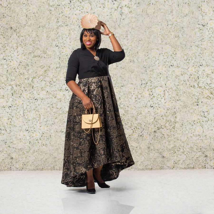 Black top with gold and black floral maxi skirt