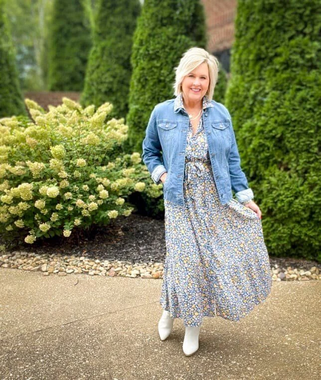 Denim Jacket Over a Floral Maxi Dress - cozy fall outfit for women over 60