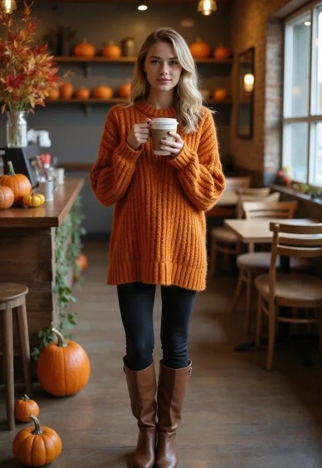 Pumpkin Sweater With Dark Leggings and Tall Boots - cozy fall outfit for women over 60