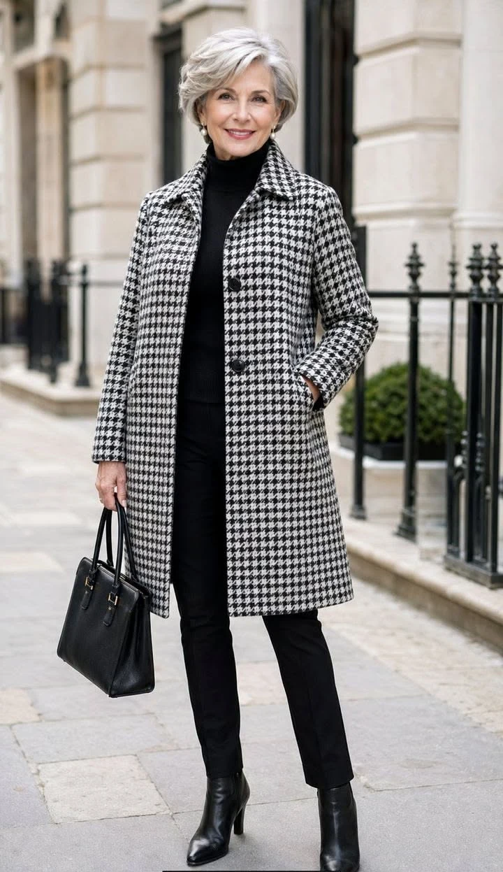 Houndstooth Coat With Black Trousers - cozy fall outfit for women over 60