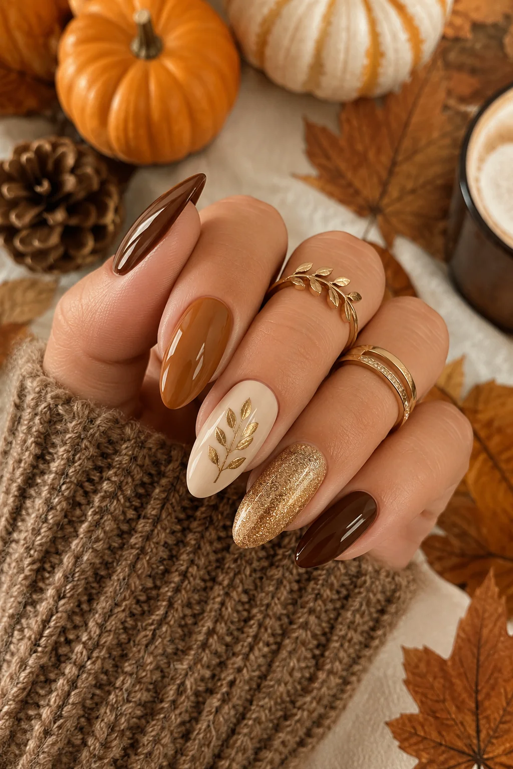Easy fall nail ideas: almond nails in warm browns with gold leaf art