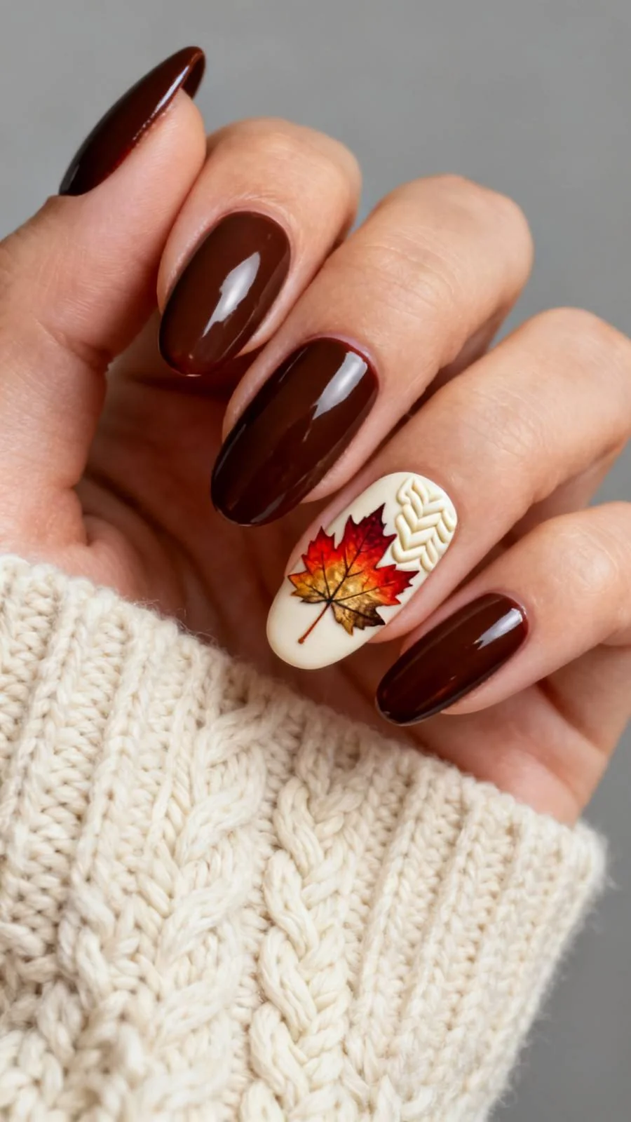 Easy fall nail ideas: glossy dark cherry nails with maple leaf accent