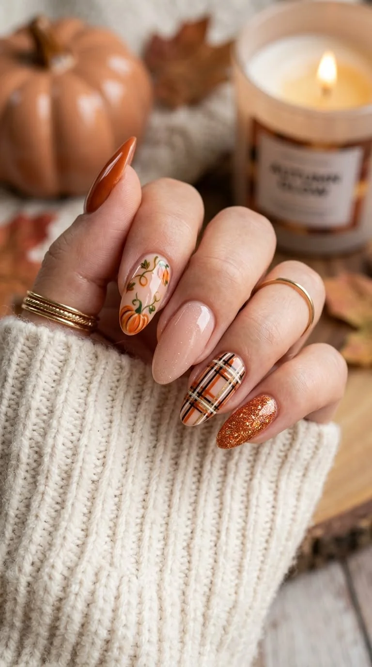Easy fall nail ideas: nude almond nails with gold leaf art