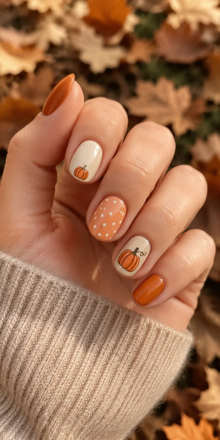 Easy fall nail ideas: cream nails with orange French tips and leaf art