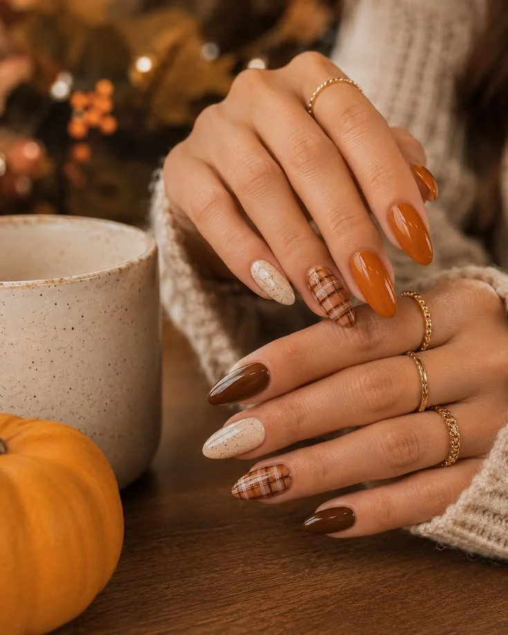 Easy fall nail ideas: pumpkin orange French tips with plaid accent