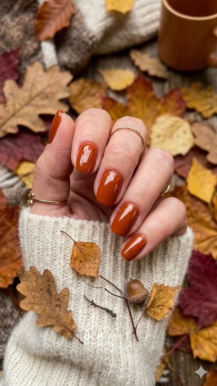 Easy fall nail ideas: burnt orange nails with gold leaf accent