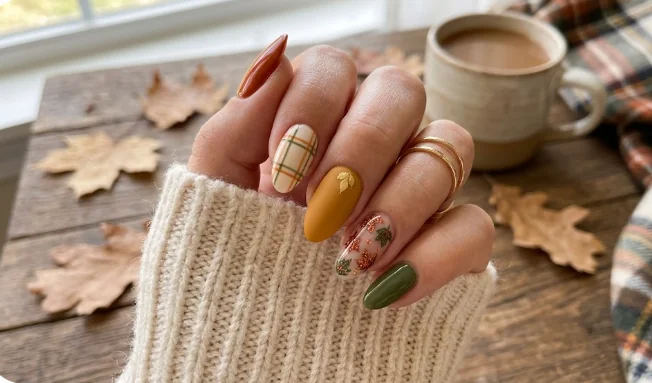 Easy fall nail ideas: mixed fall nails with pumpkin, plaid and olive art