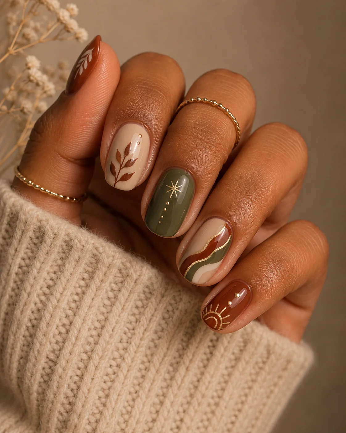 Easy fall nail ideas: forest green and nude nails with leaf art