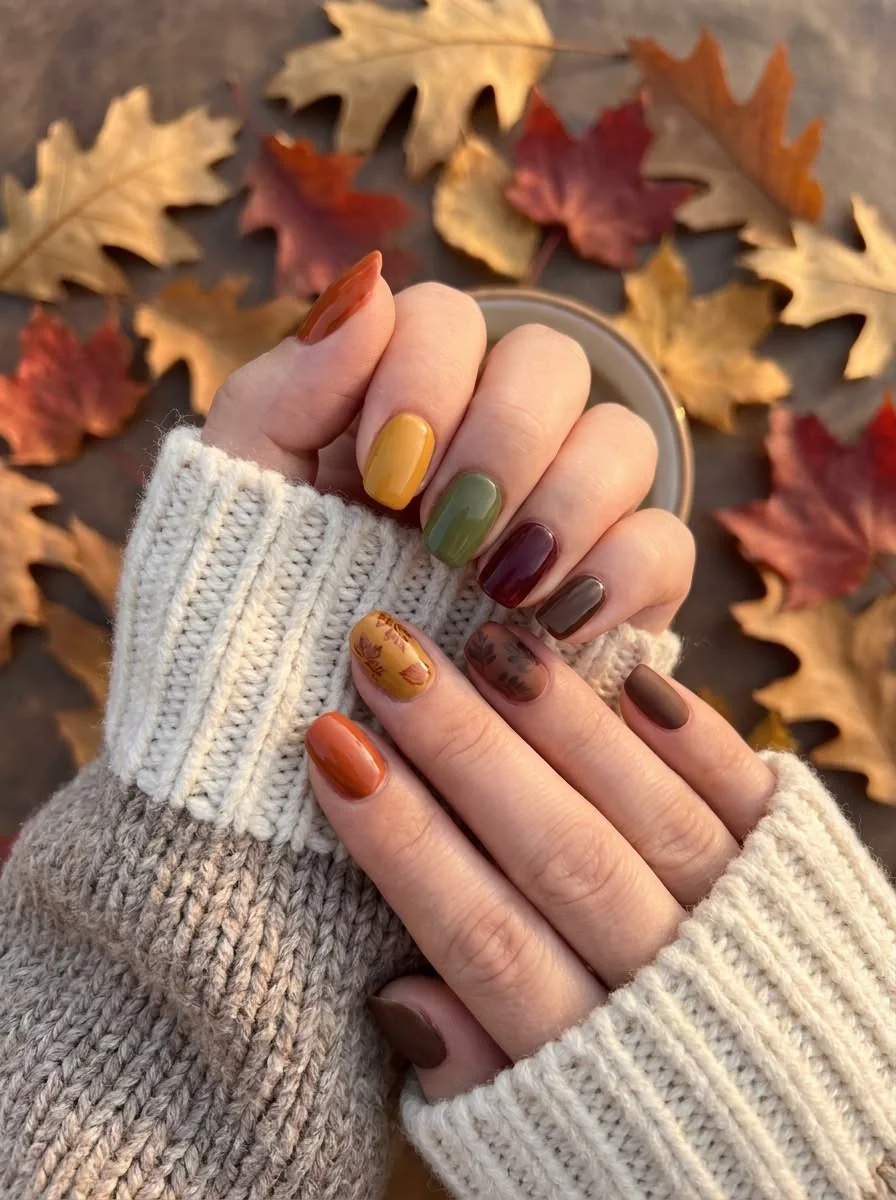 Easy fall nail ideas: orange and brown plaid nails with leaf art