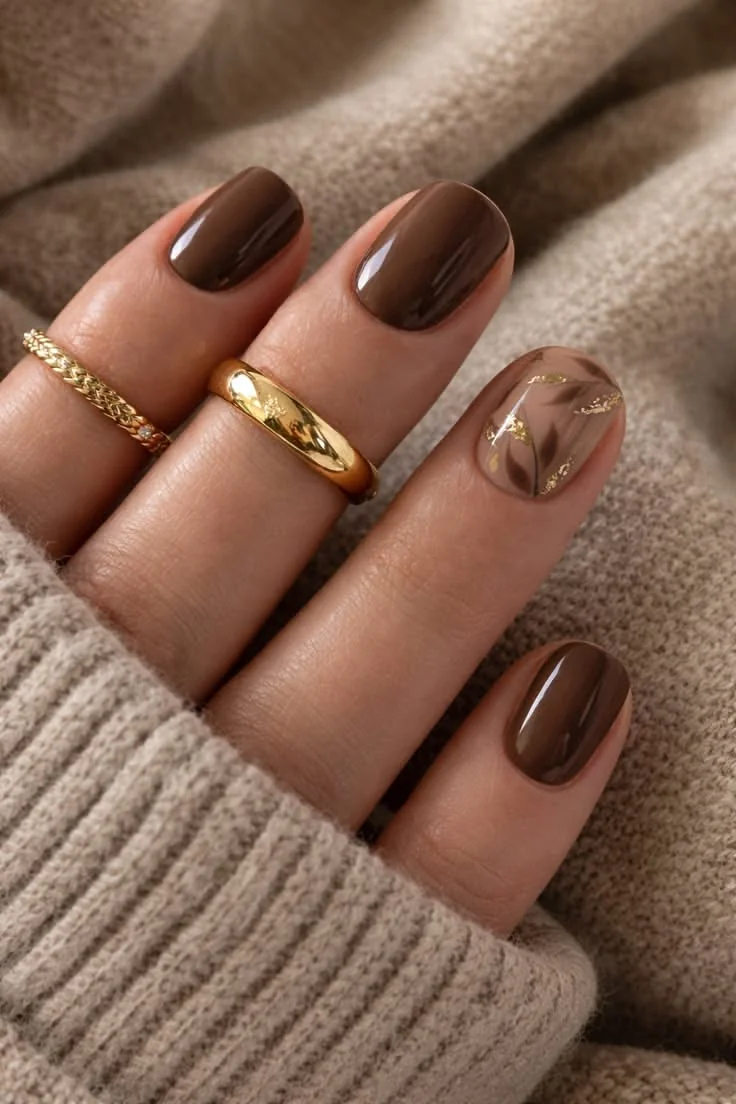 Easy fall nail ideas: matte chocolate brown almond nails