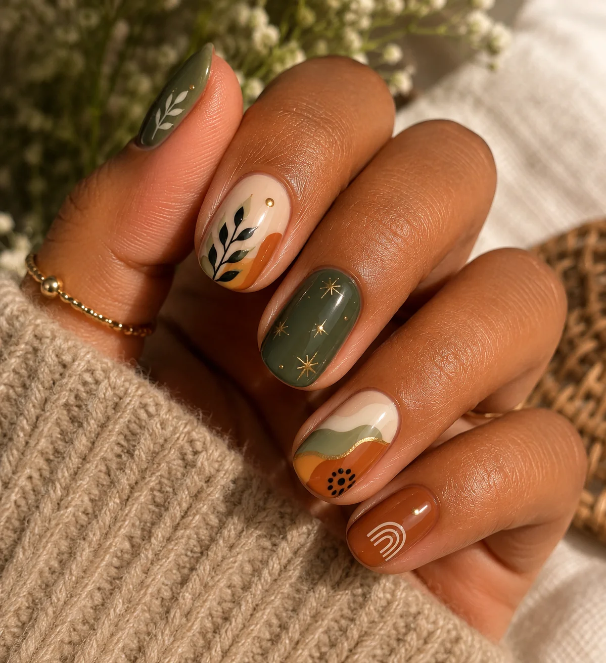Easy fall nail ideas: green and tortoiseshell mixed nails with leaf art