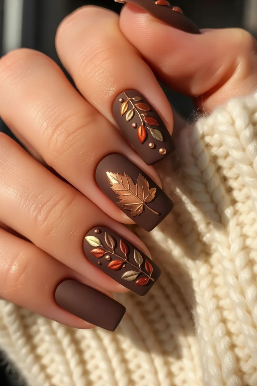 Easy fall nail ideas: copper glitter nails with leaf accents