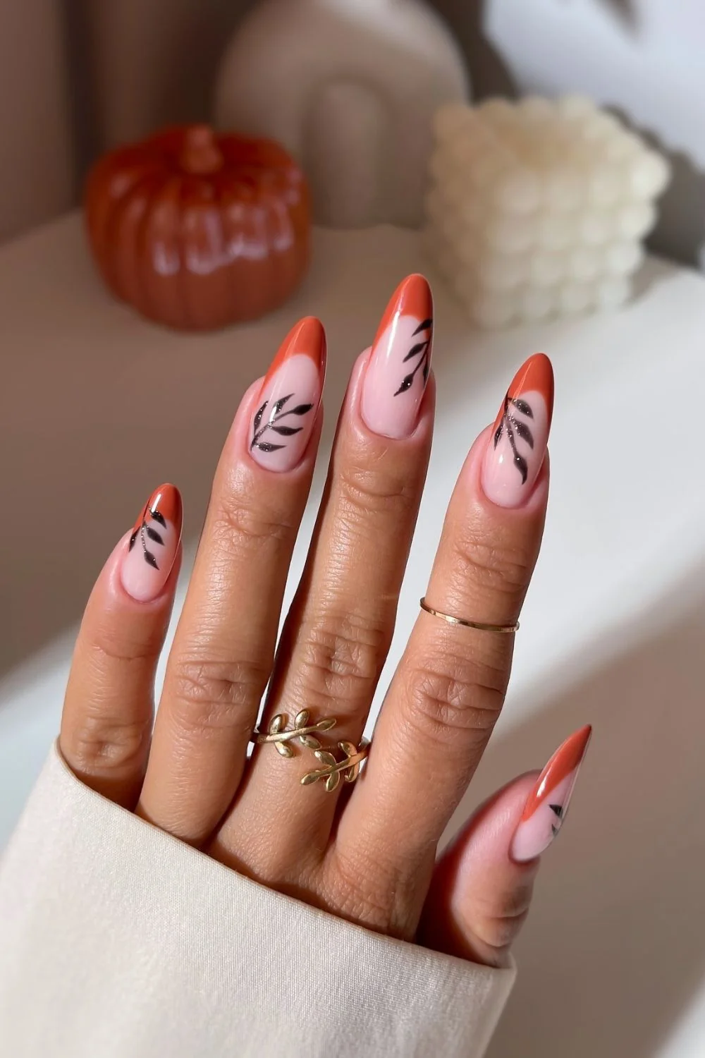 Easy fall nail ideas: cherry red nails with gold leaf art