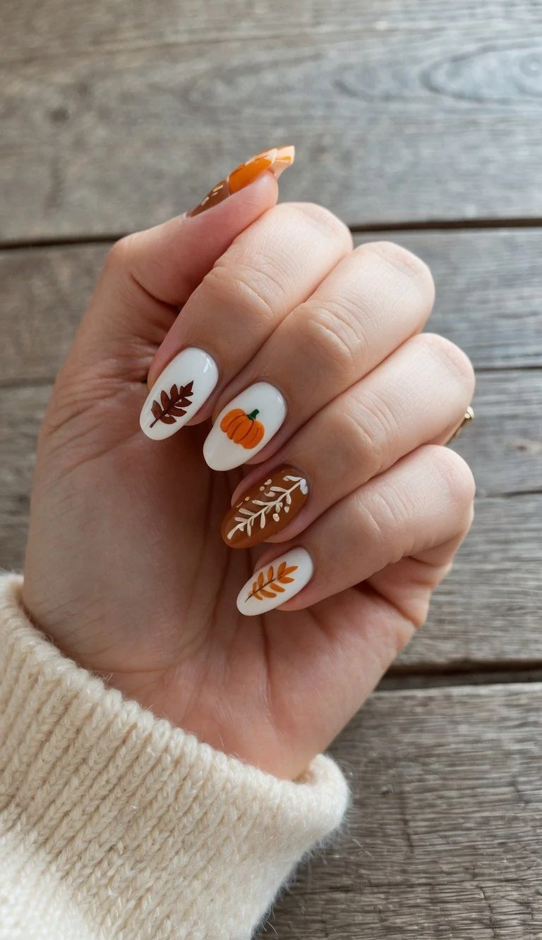 Easy fall nail ideas: chocolate brown nails with fall leaf art