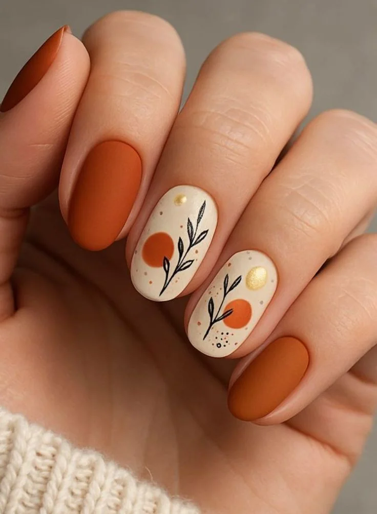 Easy fall nail ideas: burnt orange and cream nails with leaf art