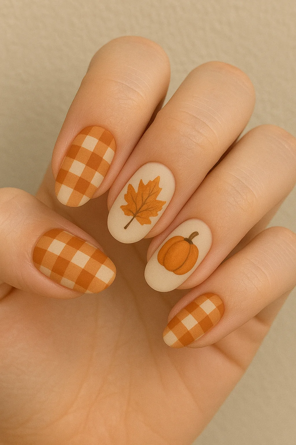 Easy fall nail ideas: pumpkin patch and orange plaid nail art
