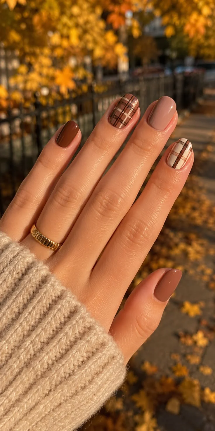 Easy fall nail ideas: chocolate brown nails against fall foliage
