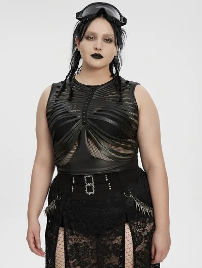 Edgy plus size goth style: black twist-front sleeveless top with lace skirt and combat boots