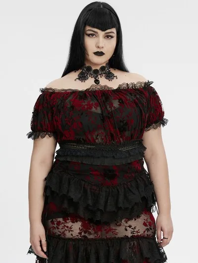 Edgy plus size goth style: red and black lace off-shoulder gothic dress with choker