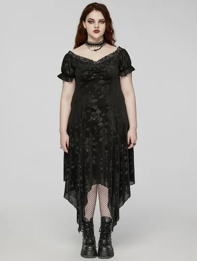 Edgy plus size goth style: black lace midi dress with combat boots
