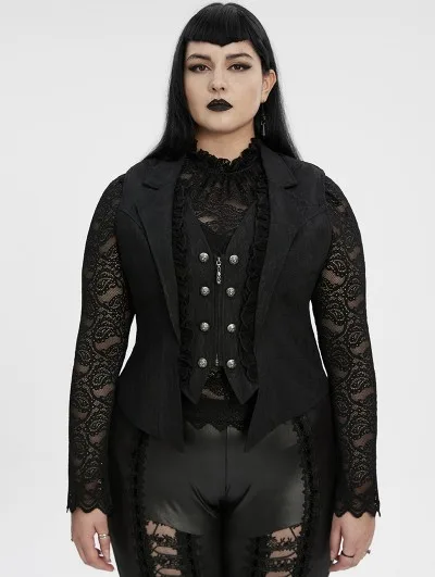 Edgy plus size goth style: black blazer with lace blouse and faux leather pants