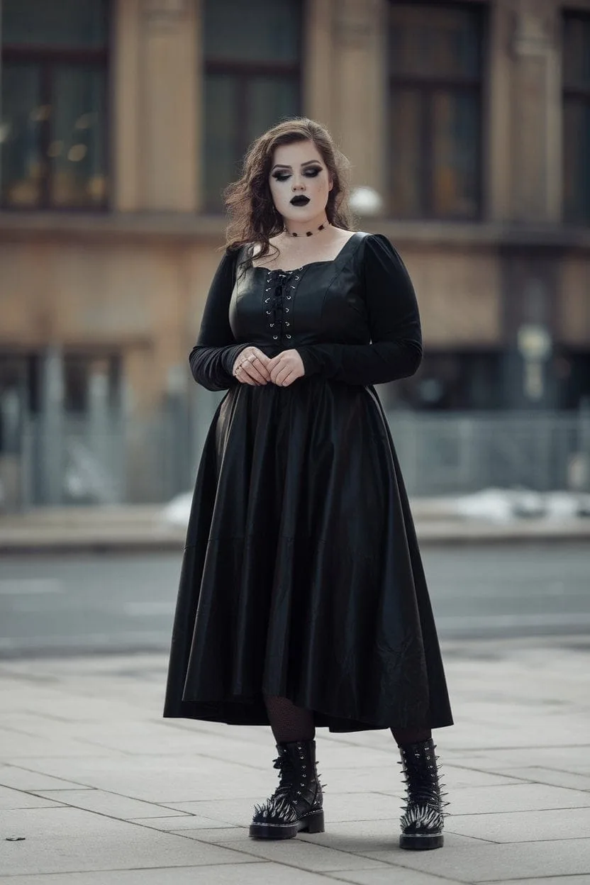 Edgy plus size goth style: long black victorian gothic gown worn outdoors
