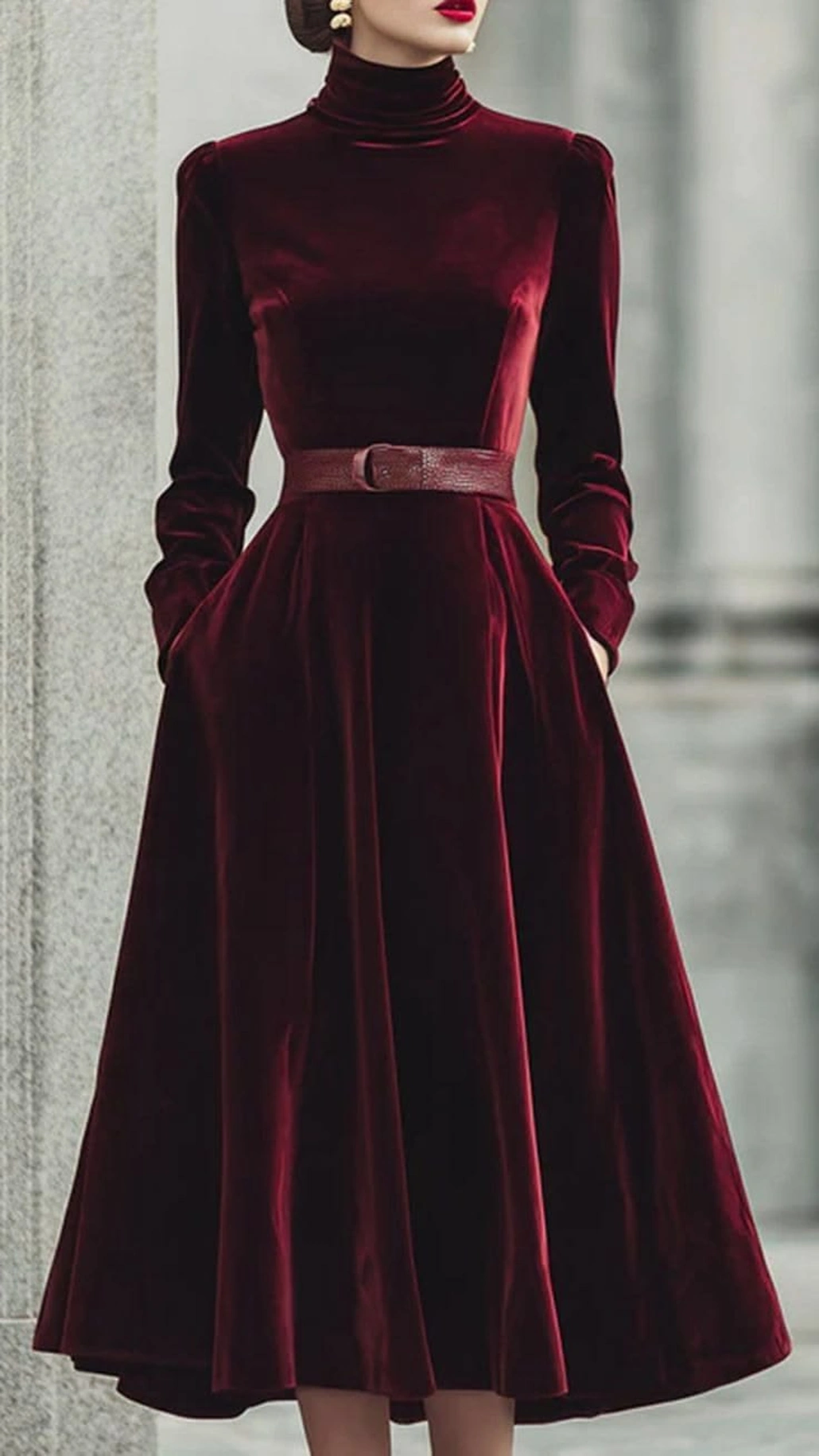 Burgundy velvet midi dress with belted waist and long sleeves