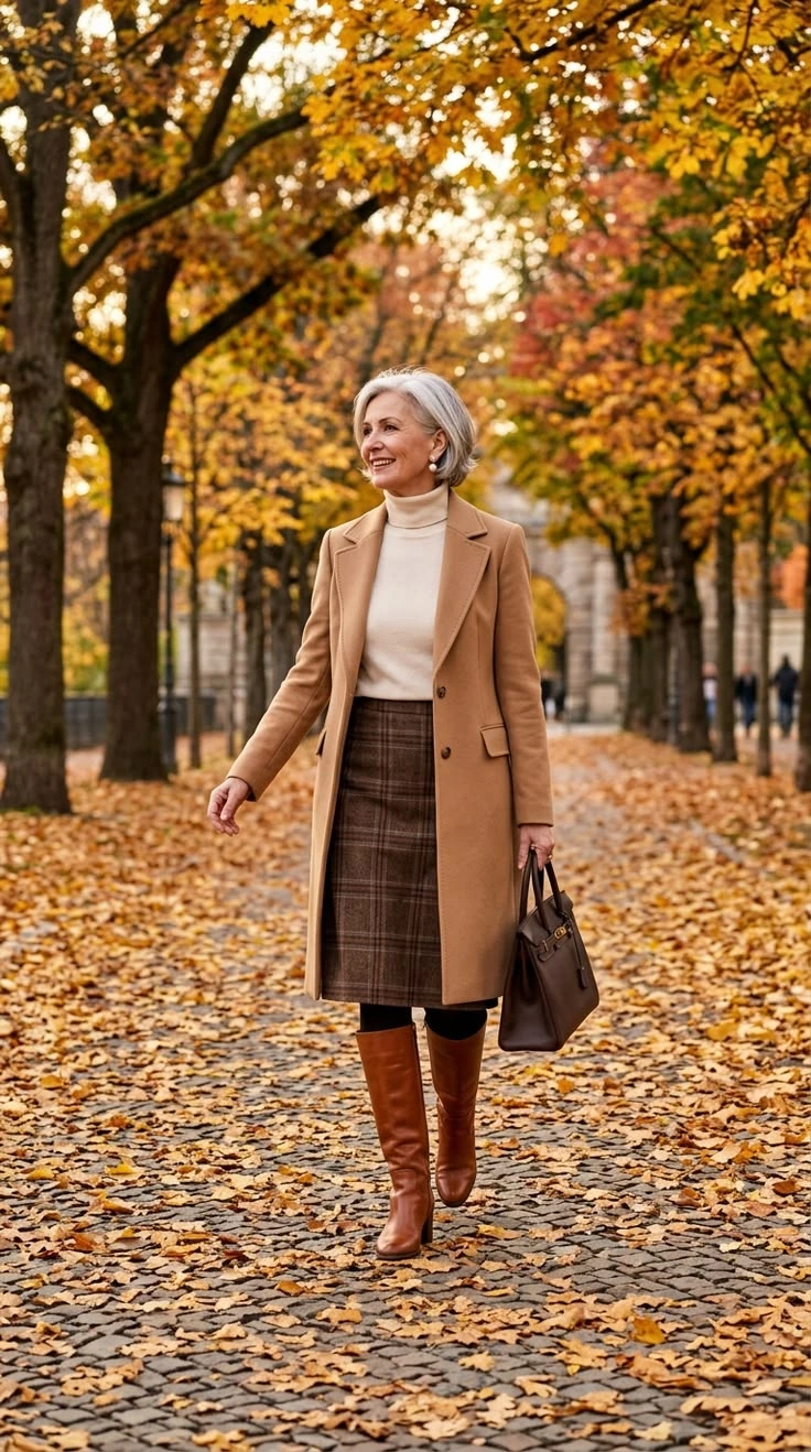 Camel coat over a cream knit with a plaid midi skirt and brown boots in an autumn park