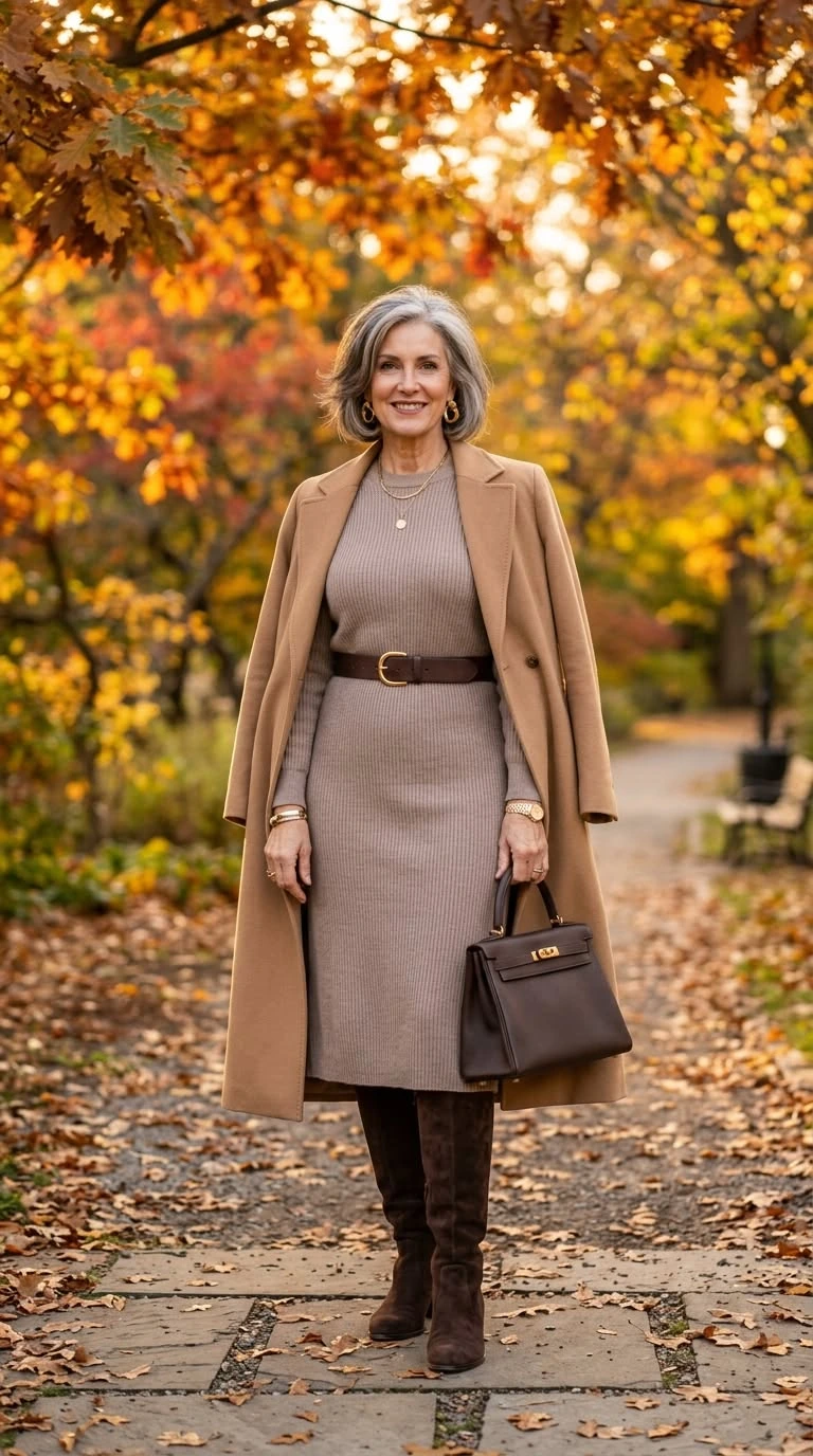 Taupe belted dress with a long camel coat and brown boots in an autumn park