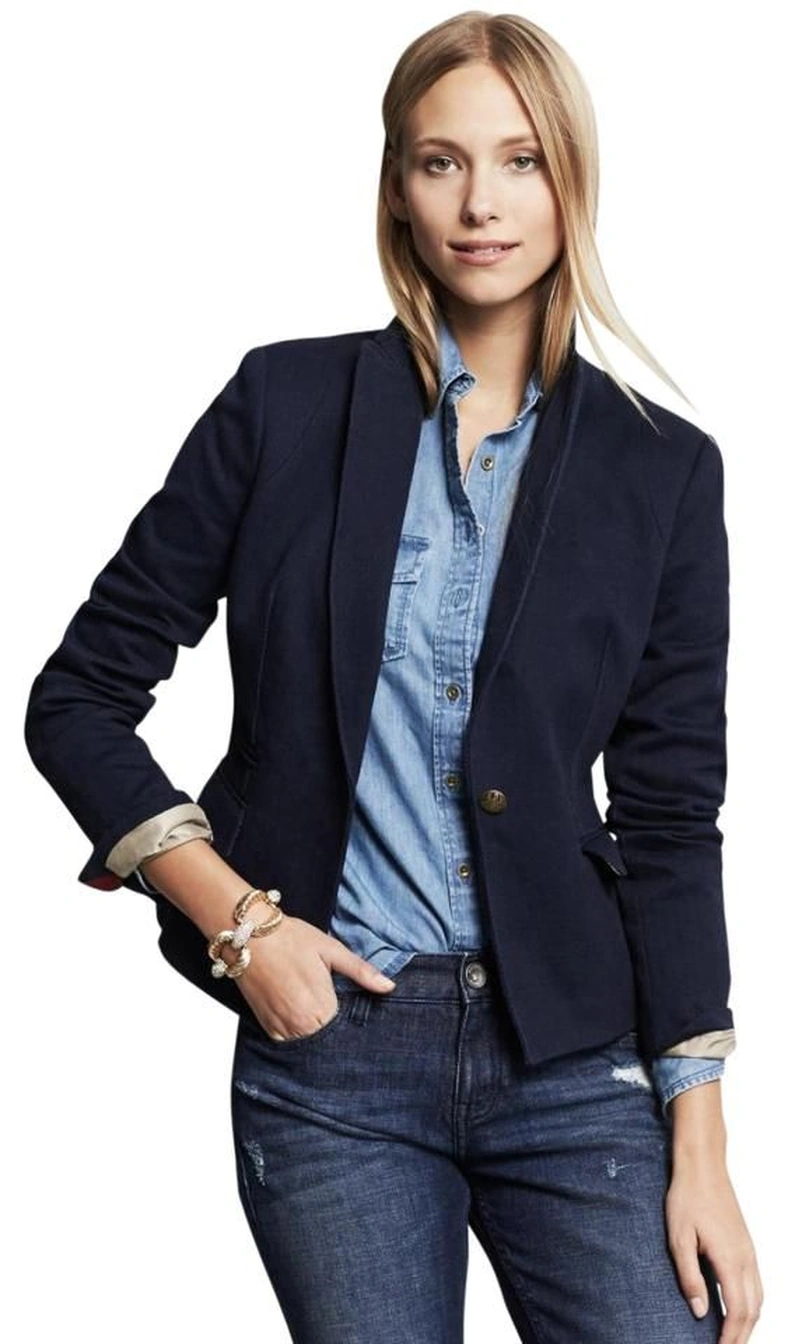 Navy blazer with a chambray shirt and dark jeans