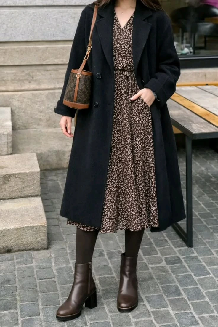 Floral midi dress with a black long coat and brown boots