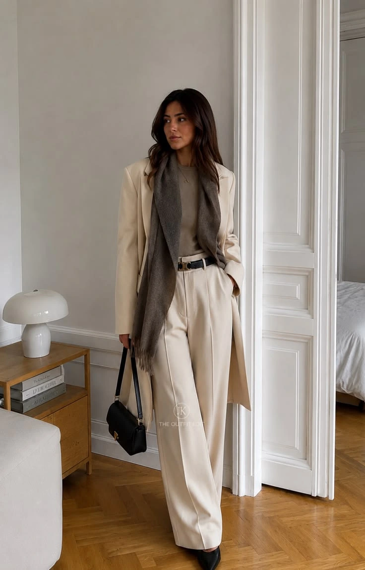 Cream knit top with beige tailored wide leg trousers