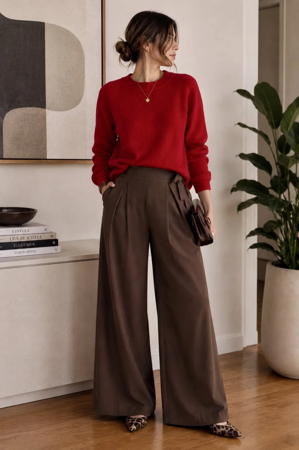 Red sweater with chocolate brown wide leg trousers