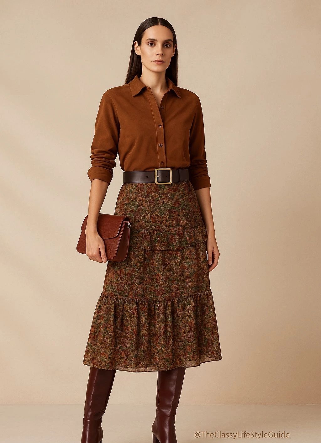 Rust blouse with a floral tiered midi skirt, wide belt and brown knee boots
